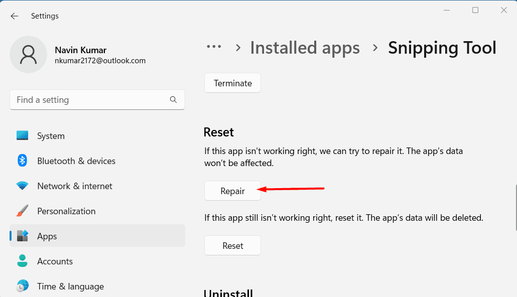 Repair Advanced options installed apps Settings windows 11