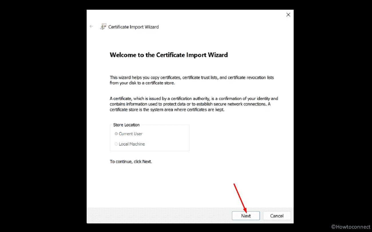 next button on Certificate import wizard
