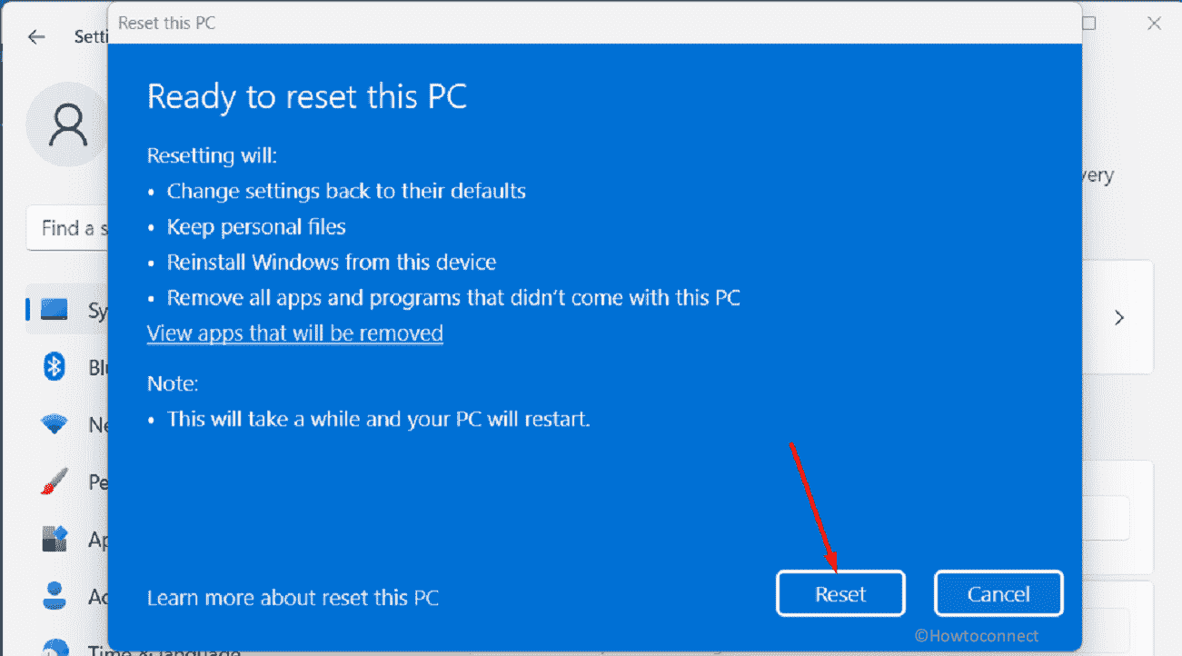 ready to reset this pc pop up on Settings app