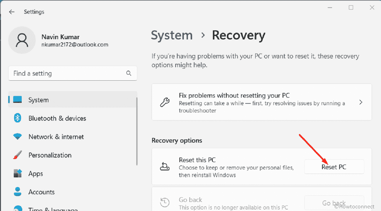 reset option in recovery on Settings app in Windows 11