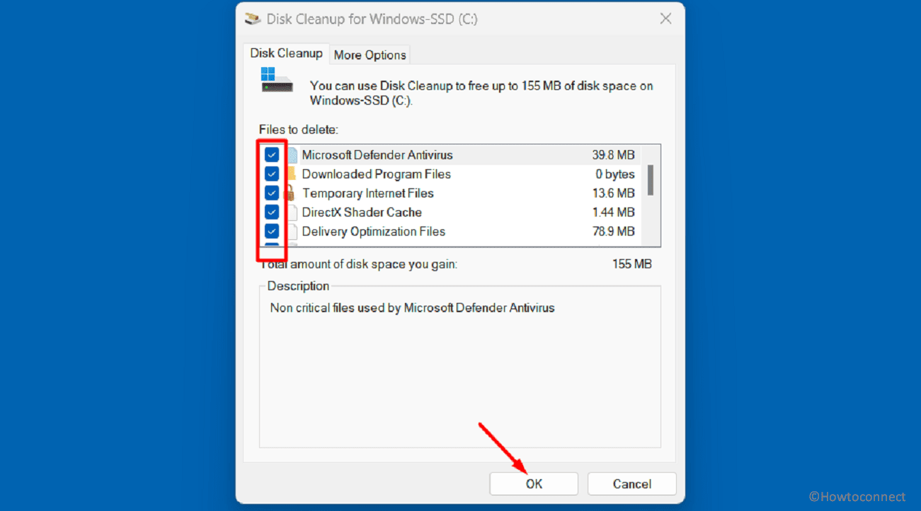 Disk Cleanup for c delete files under OK button