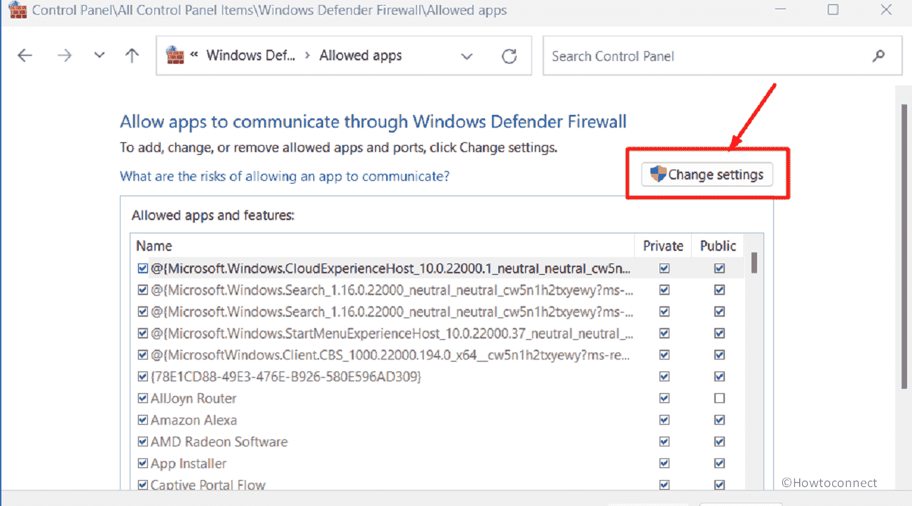 change settings allow an app or feature through windows defender firewall
