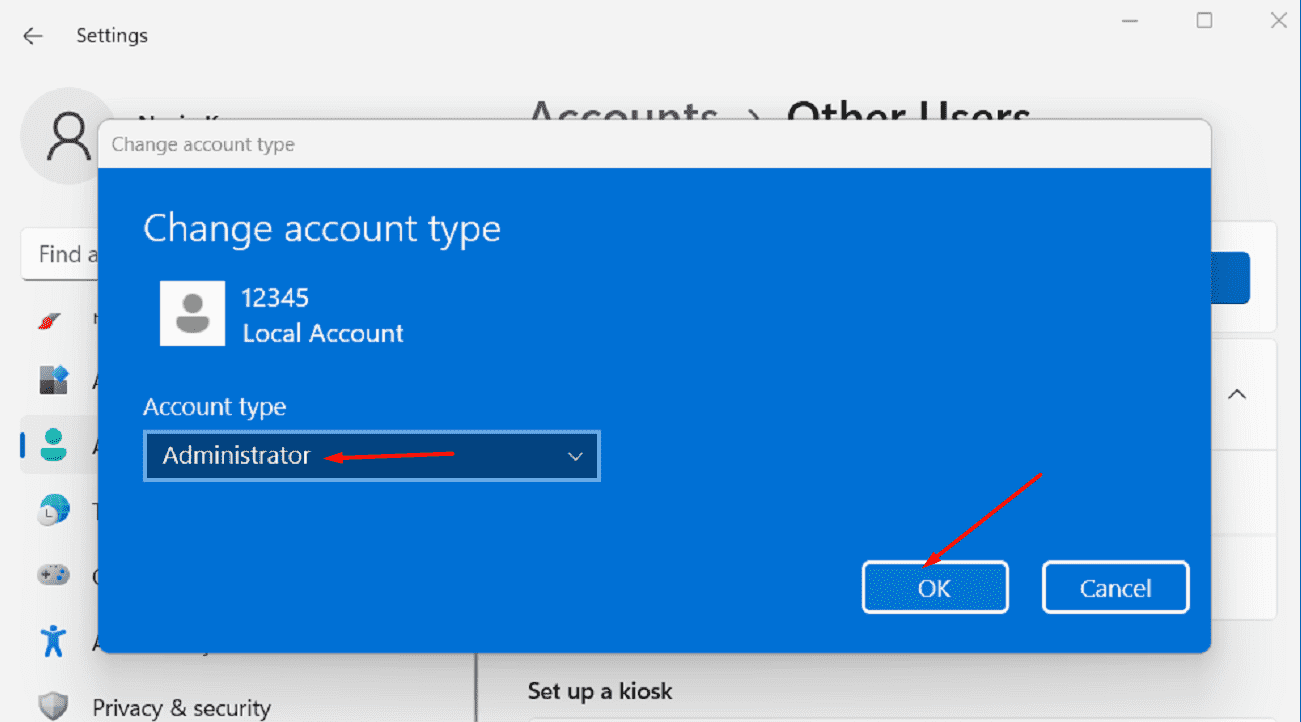 local account administrator account type changing