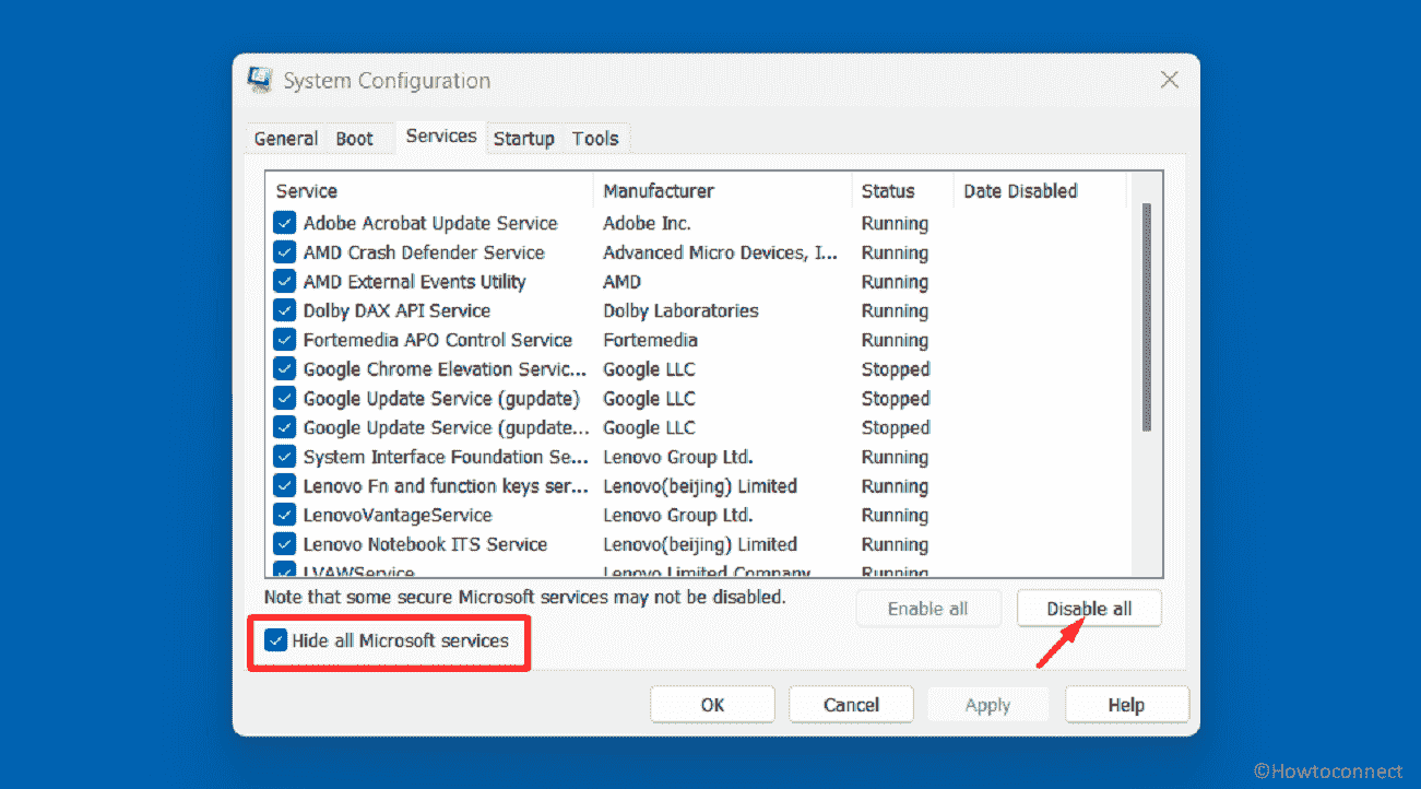 system configuration hide all services disable all