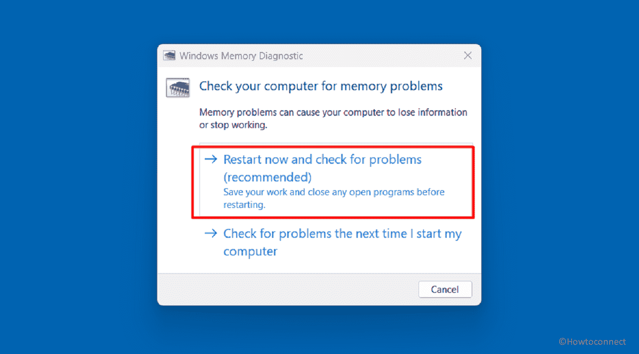 windows memory diagnostic restart now and check for problems option