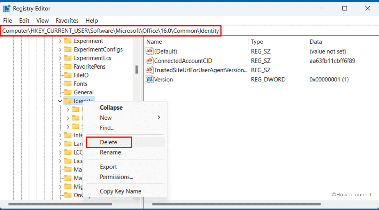 Delete Identity folder from Registry Editor