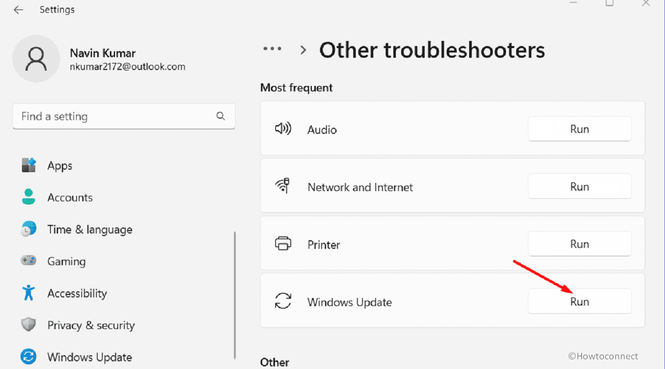 Run Windows Update Troubleshooter from Settings app