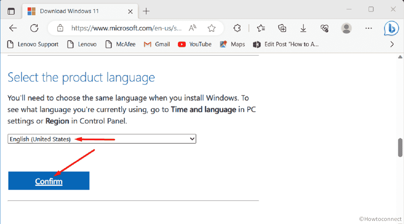 Select product language confirm button