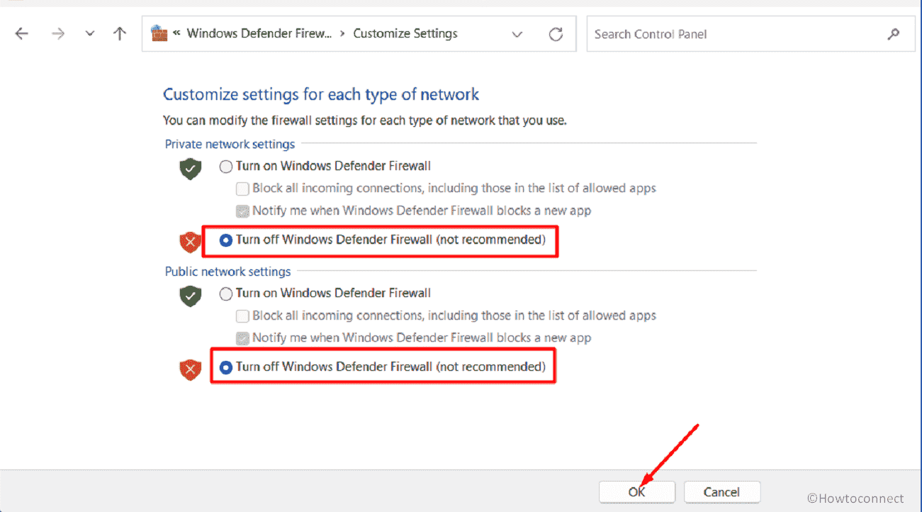 Turn off Windows Defender Firewall for both Private and Public network settings