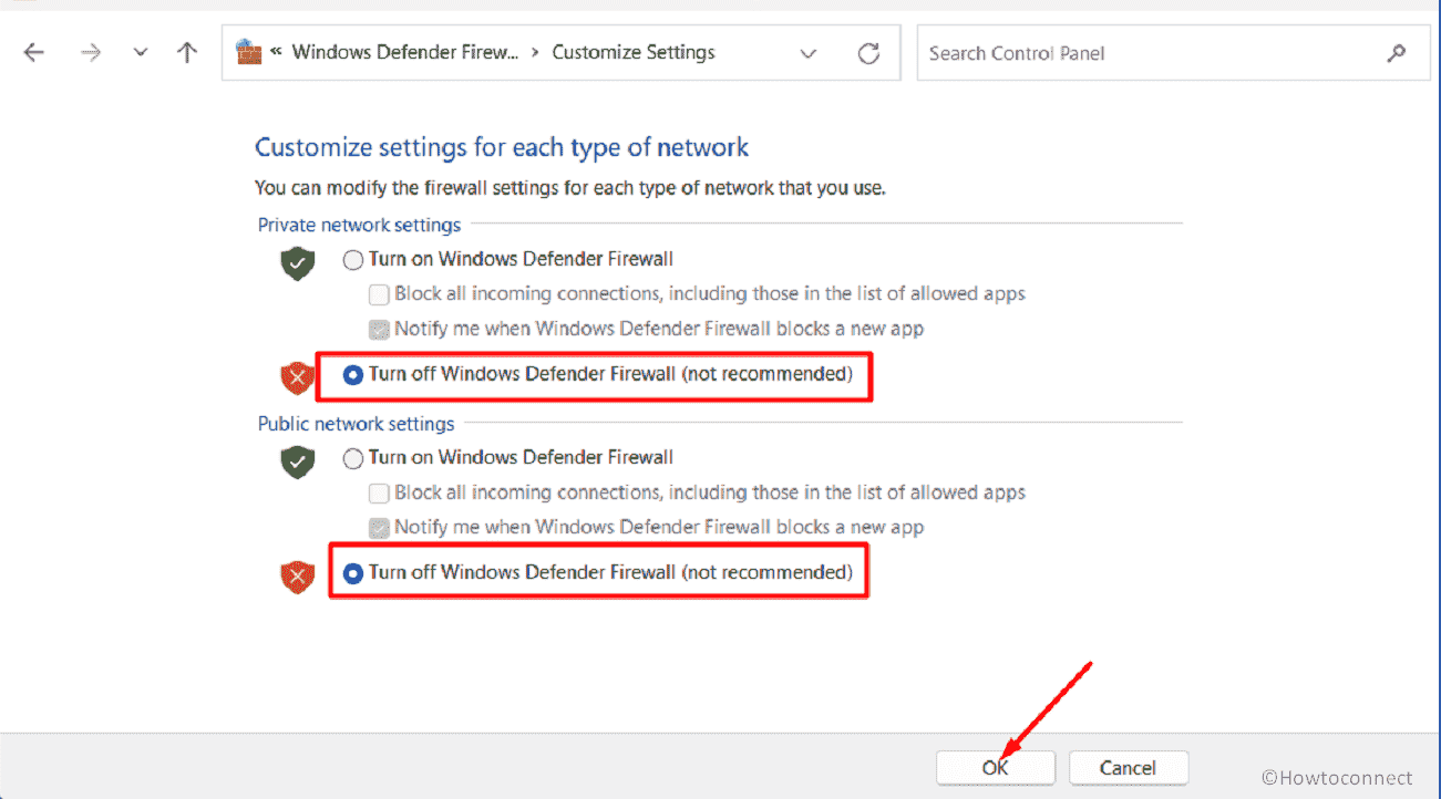 Turn off Windows Defender Firewall for both Private and Public network settings