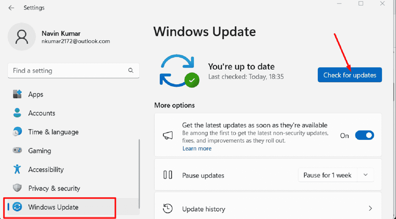 Windows Update Check for updates Settings application