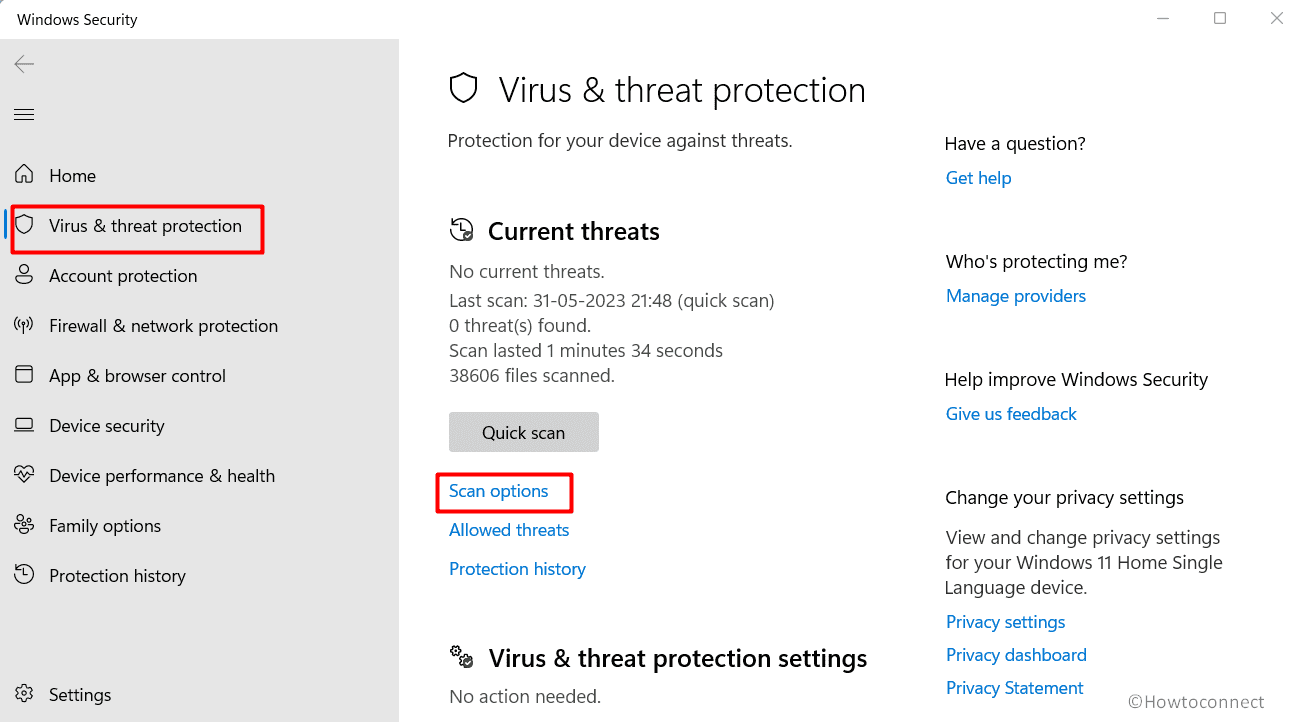Windows security virus & threat protection scan options link