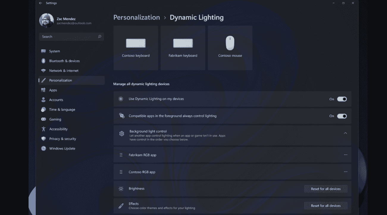 dynamic light settings page