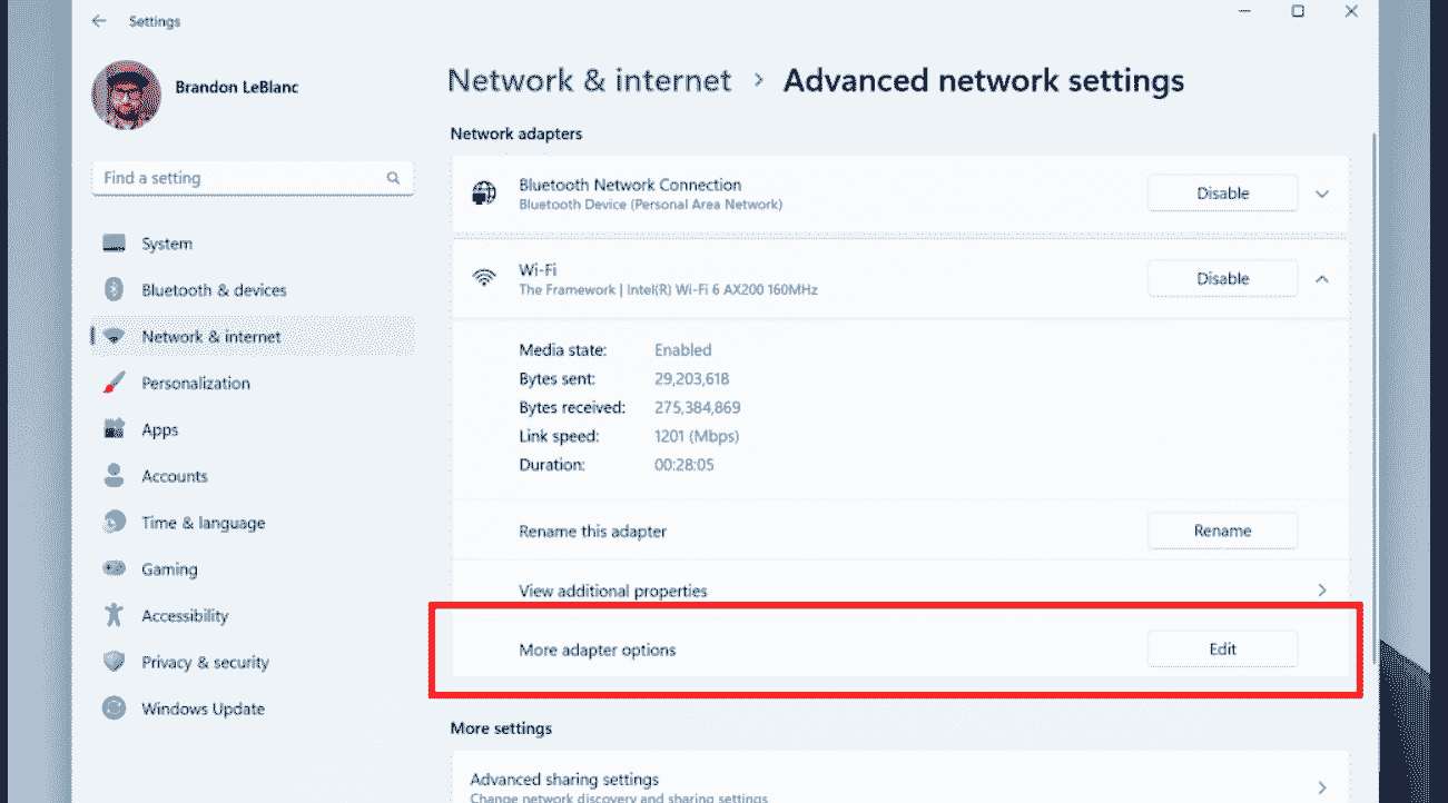 links to advanced properties for network adapters and internet properties 