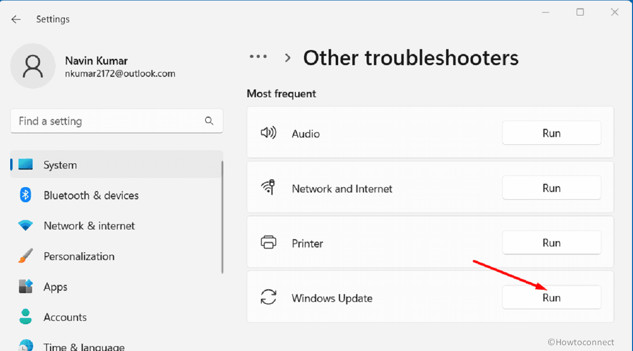 settings System troubleshoot other Troubleshooters Windows update run