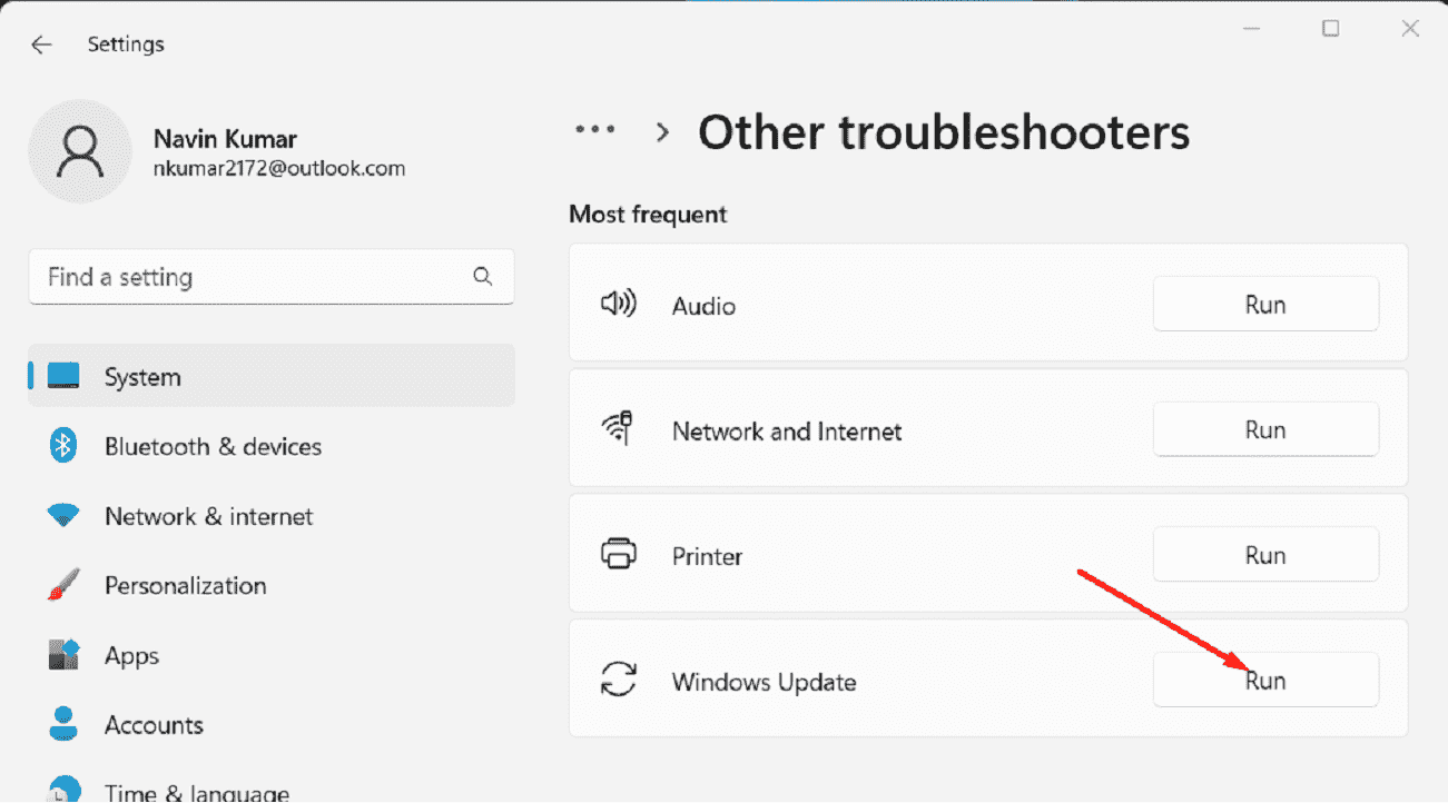 Settings troubleshoot other troubleshooters windows update run