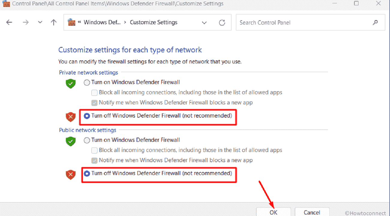 Turn off Windows Defender Firewall (not recommended) for Public and Private networks settings