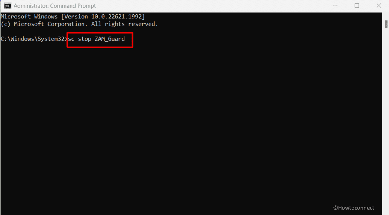 sc stop ZAM_Guard running in the command prompt