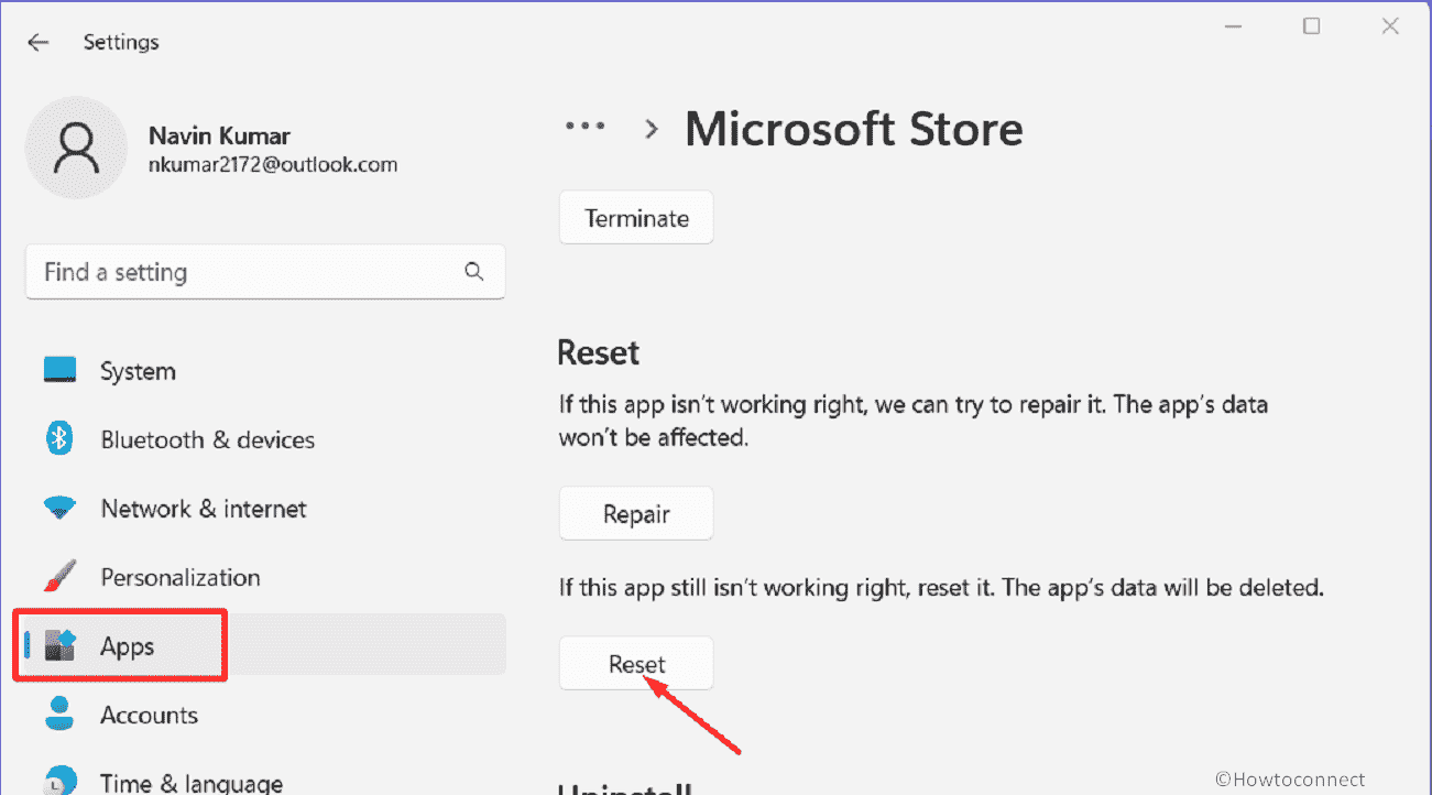 settings apps microsoft store advanced options reset