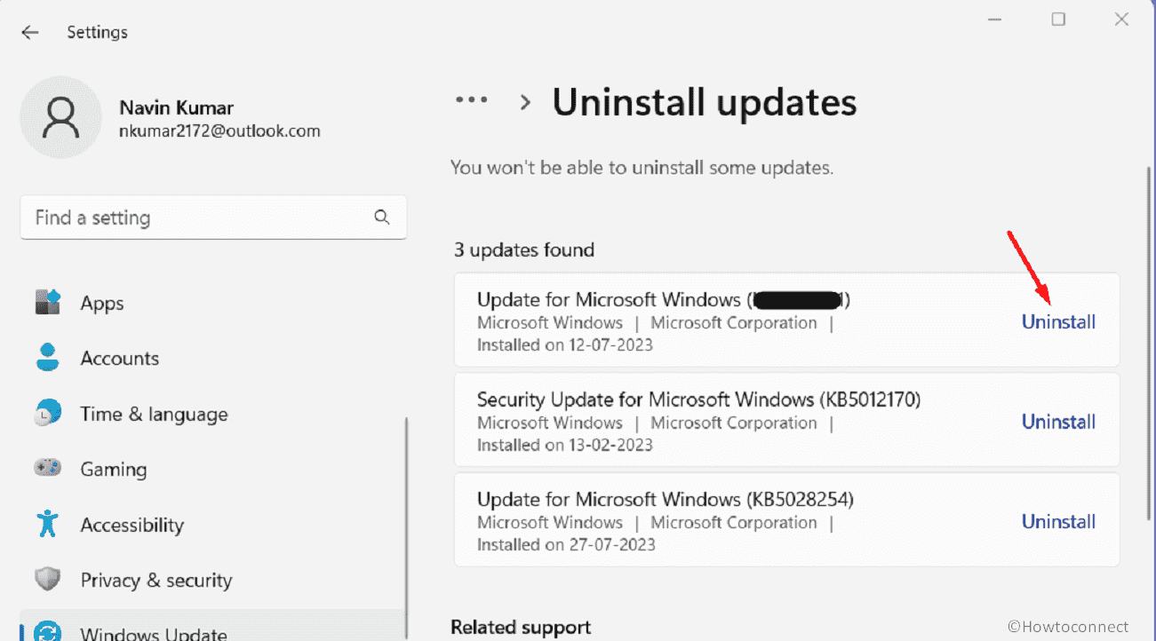 uninstall Windows update from settings page