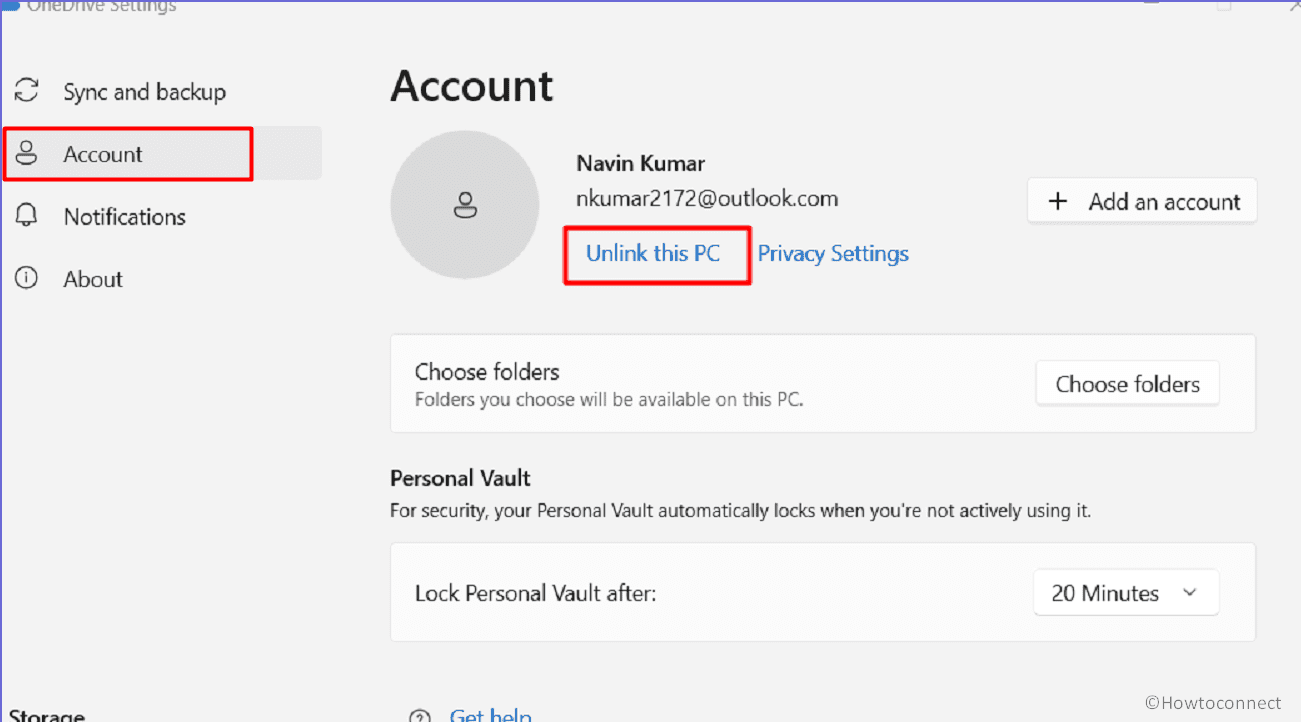 unlink this PC Account OneDrive Settings