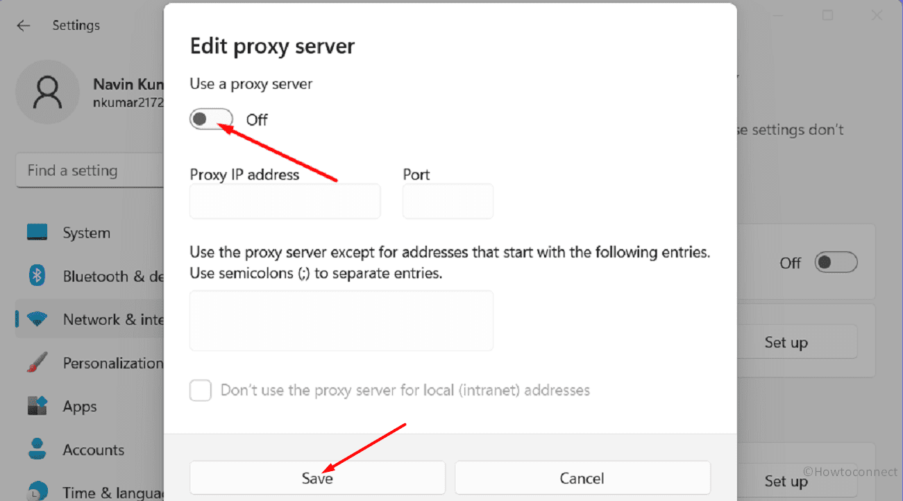 Disable the Proxy Server Settings network & internet settings