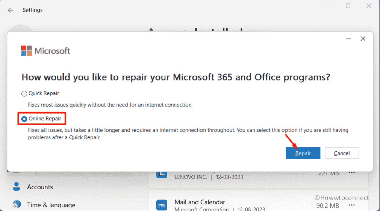 How would you like to repair your Microsoft 365 and Office programs
