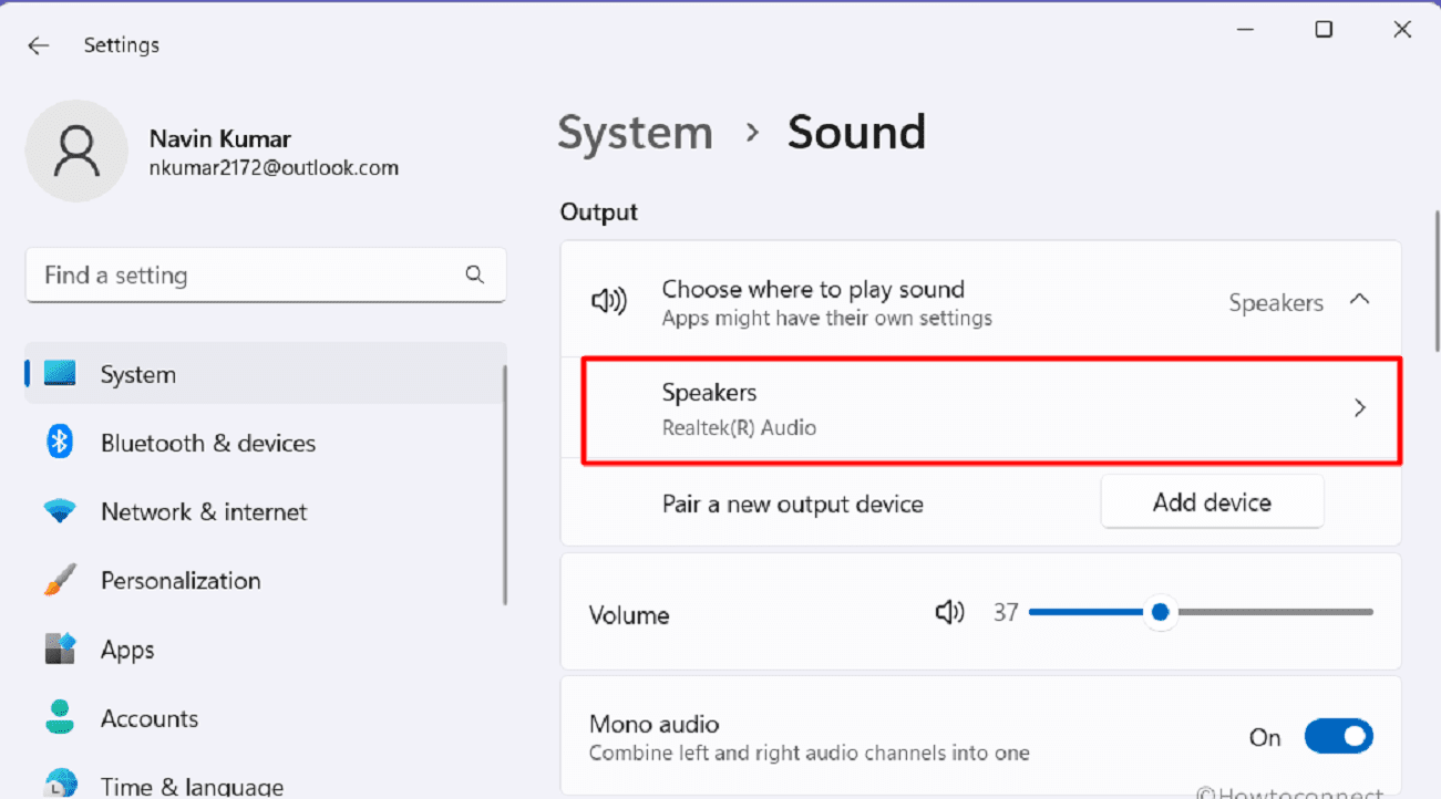 Output Speakers system settings
