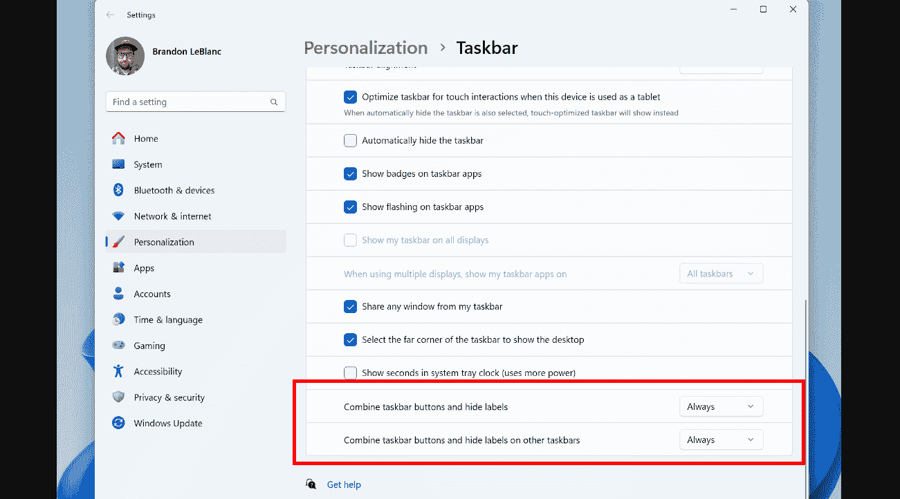 never combined mode in taskbar personalization settings