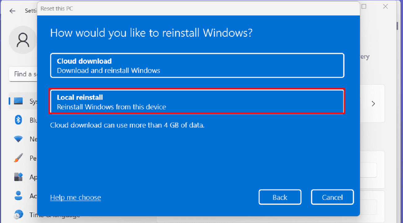 reset pc local reinstall settings recovery
