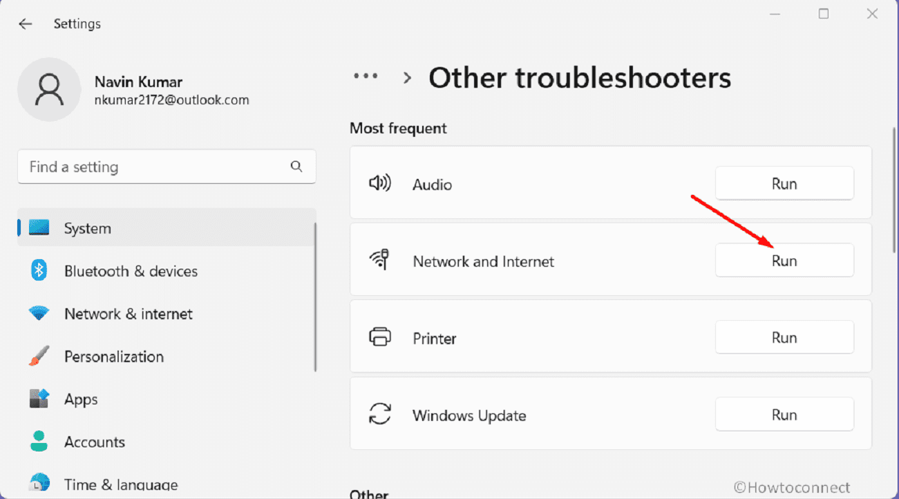 running network and internet troubleshooter from settings other troubleshooters