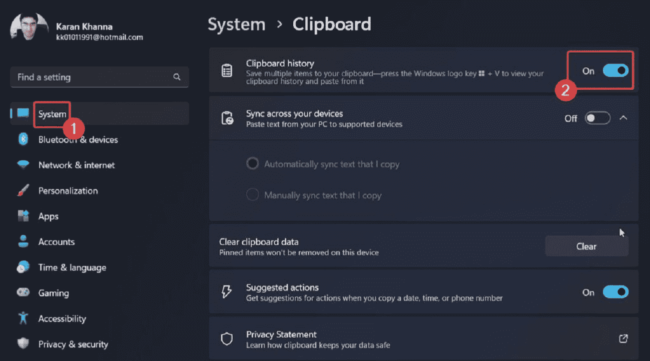 Enable Clipboard history from System Settings