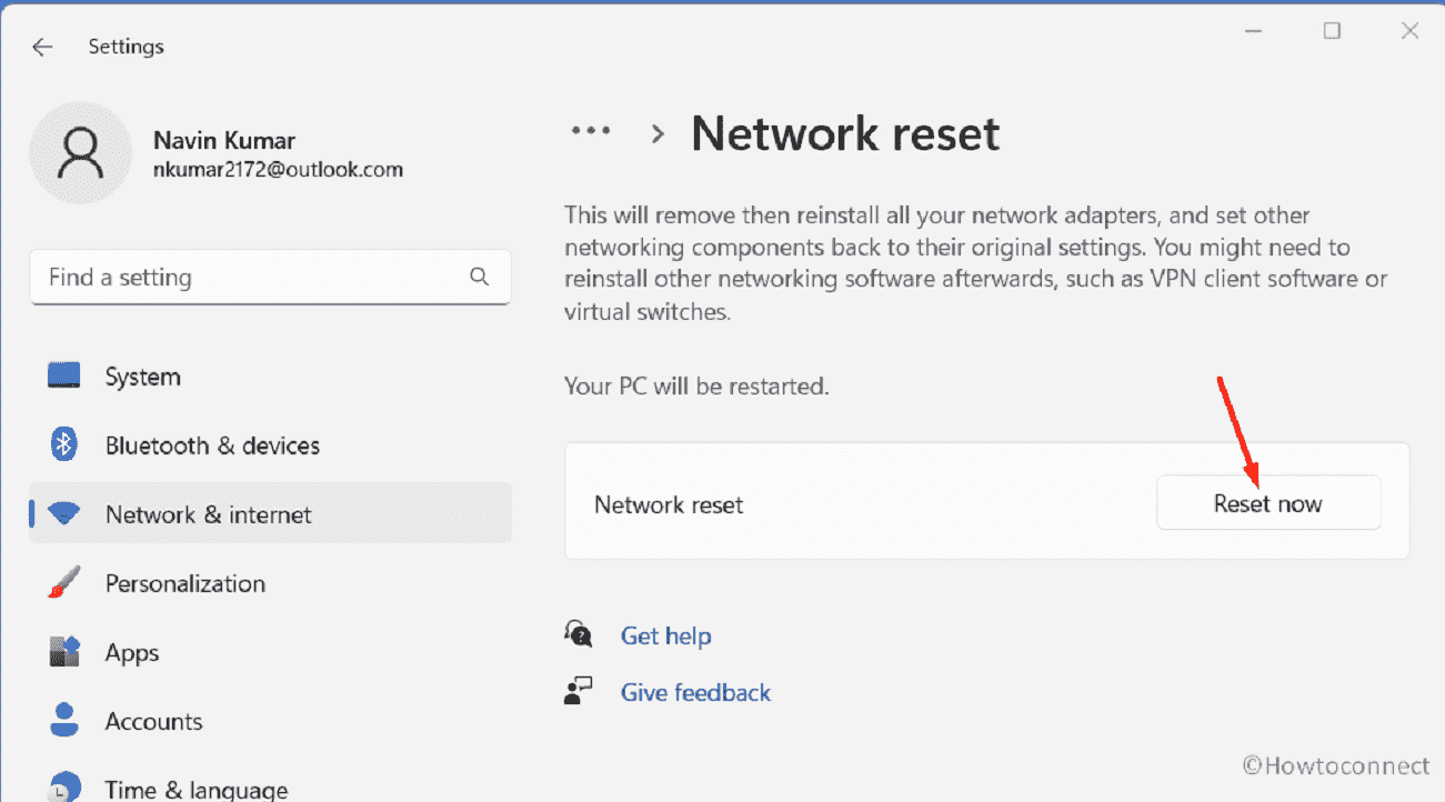 Internet & network advanced settings Reset now