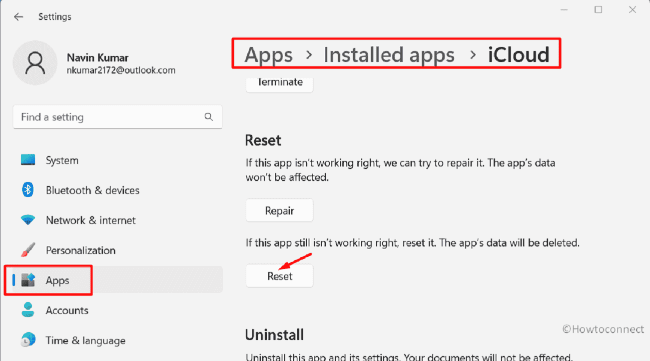 Reset the iCloud app from Settings advanced options