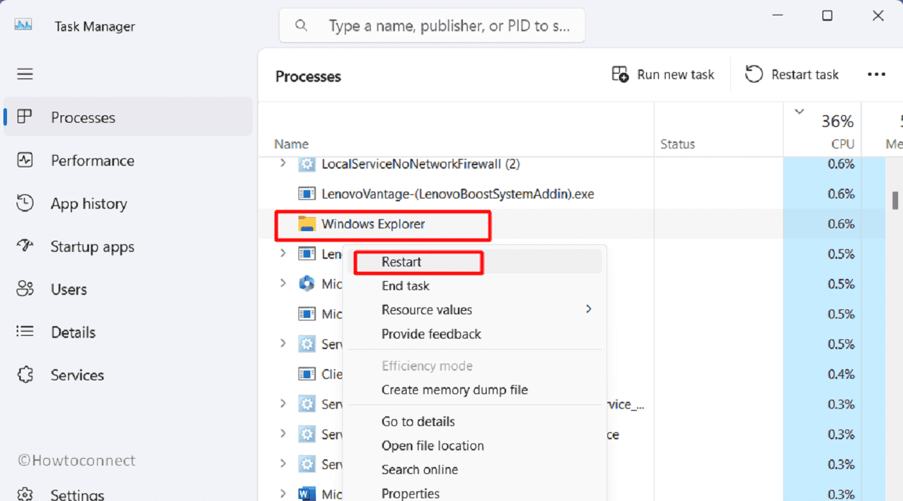 Restart Windows Explorer from Task Manager Context menu