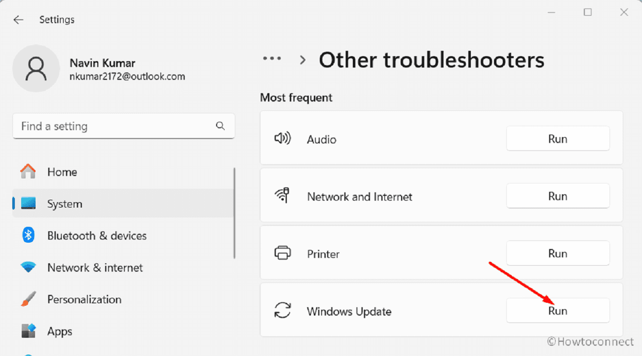 Windows update troubleshooter run in Settings app
