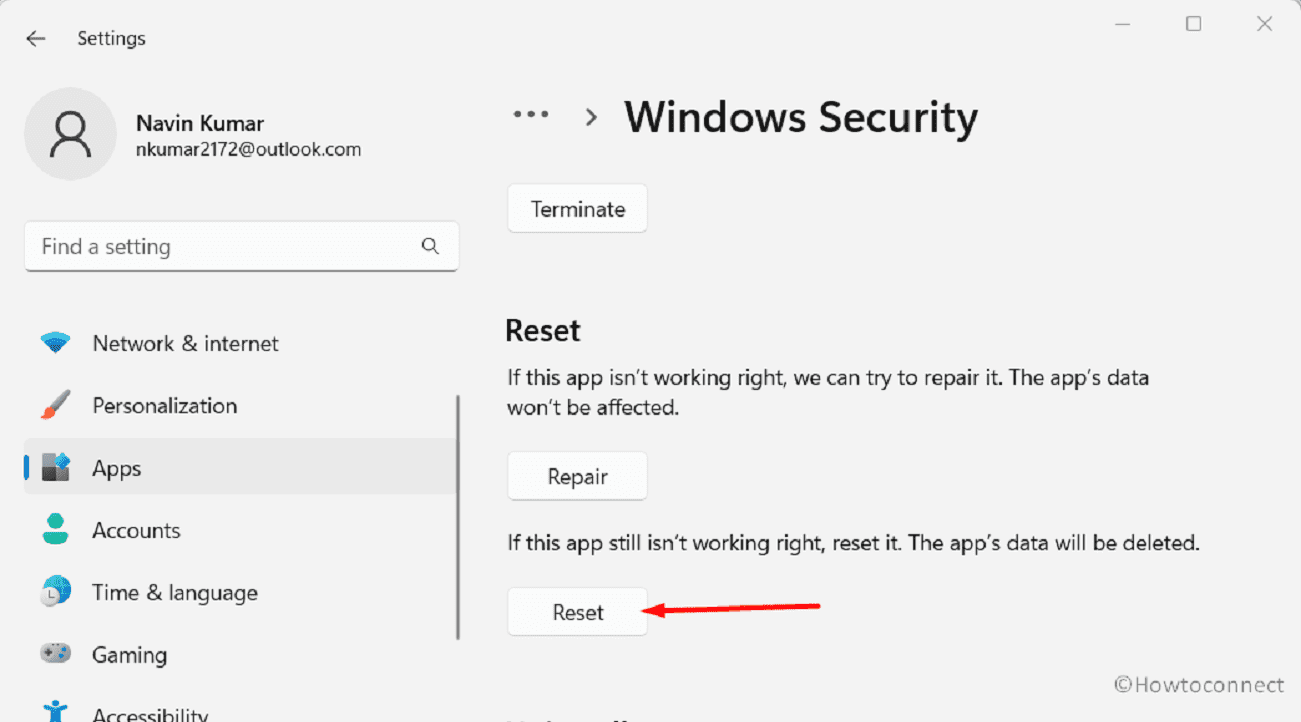 reset the Windows Security app from settings