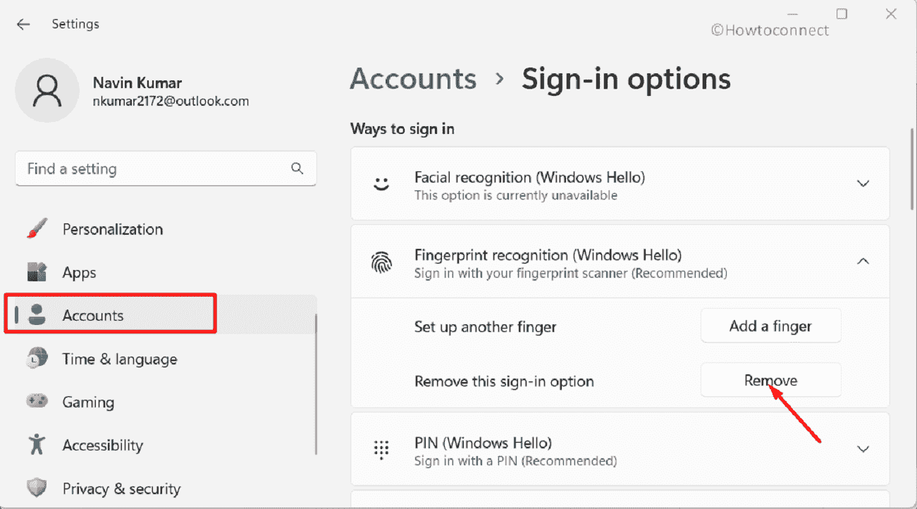 Accounts sign in options Windows hello remove