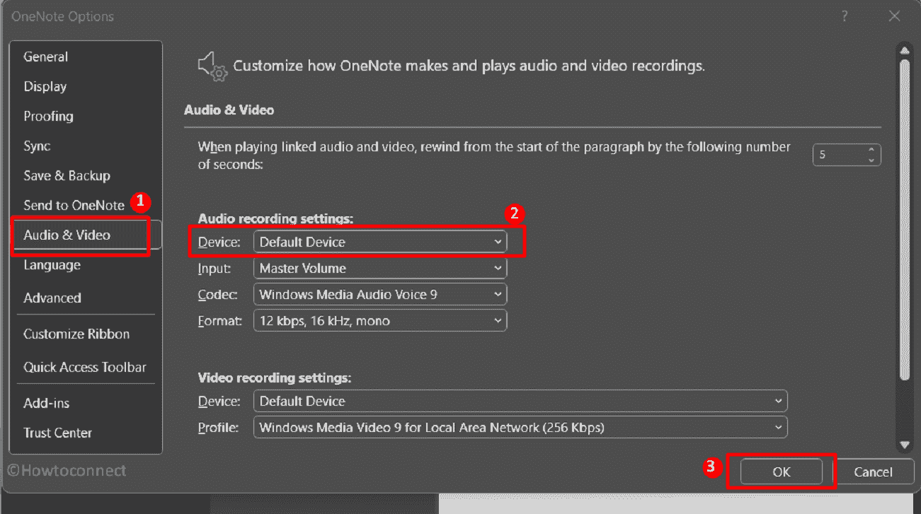 Audio and video default devices onenote