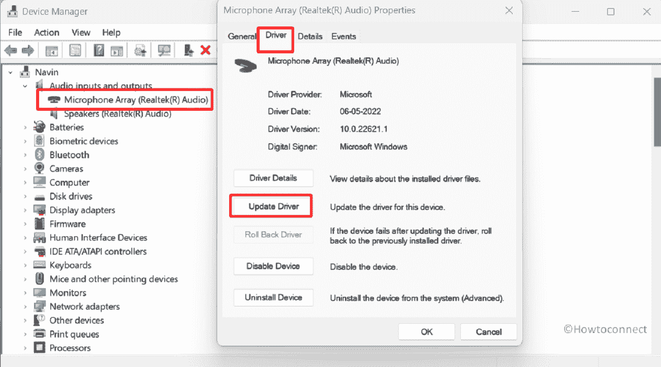 Device Manager Audio input and output microphone properties update driver