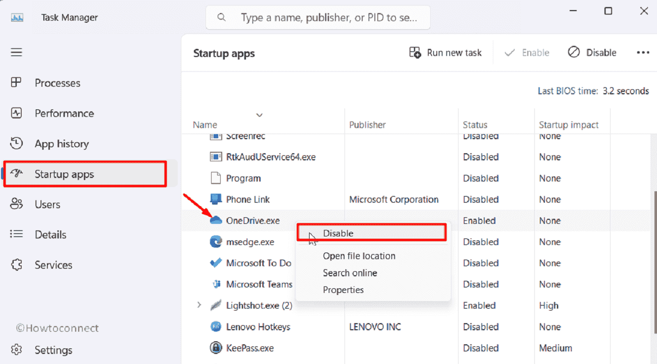 Disable onedrive startup type in task manager
