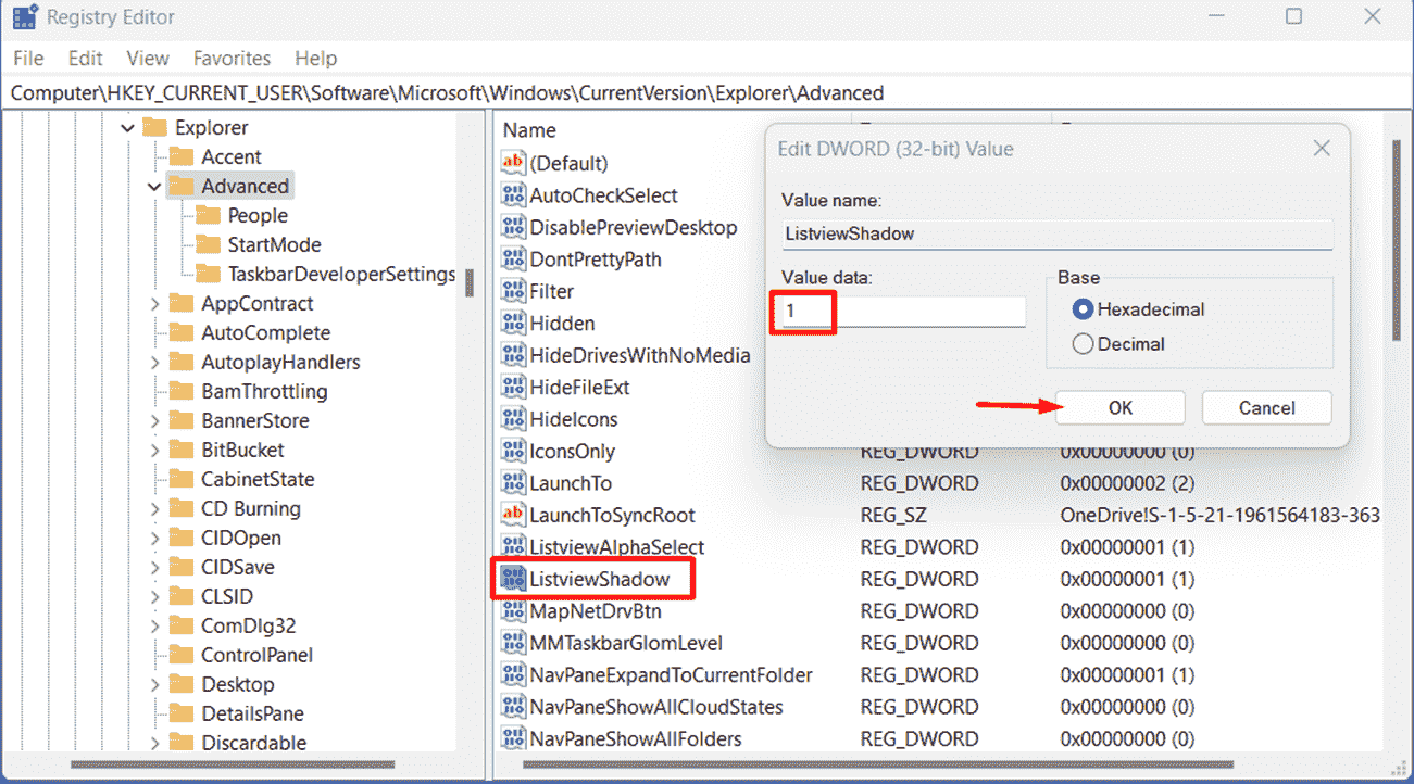 ListviewShadow in Registry Editor