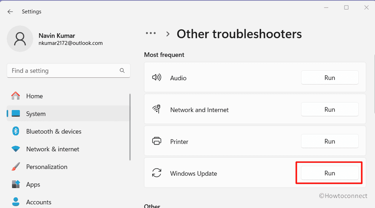 Run Troubleshooter Windows Update Settings system