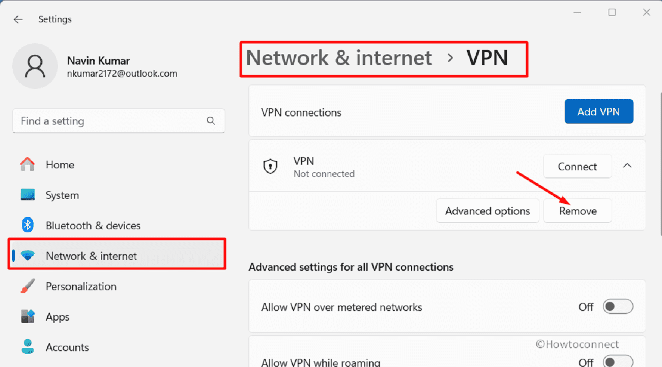 Settings Network & Internet VPN Remove