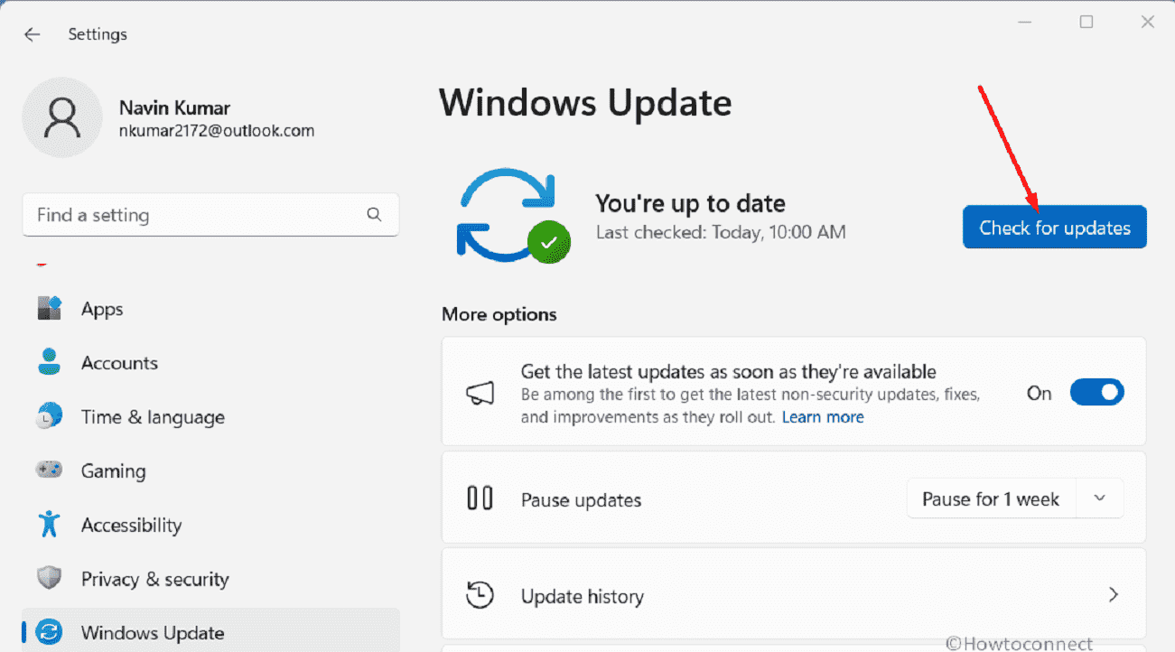 Settings Windows update then check for updates from the right pane