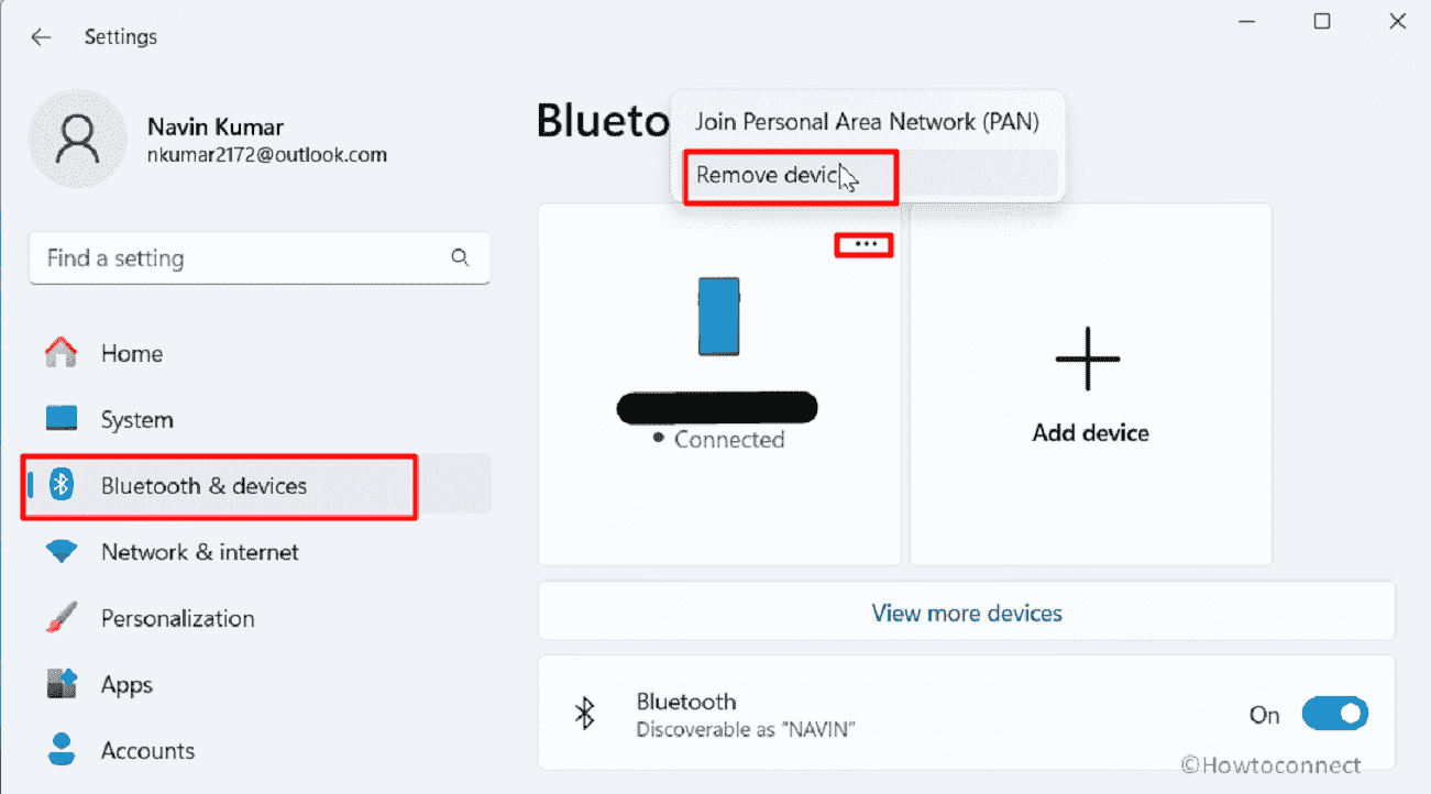 Settings bluetooth & devices 3 dots icon remove.