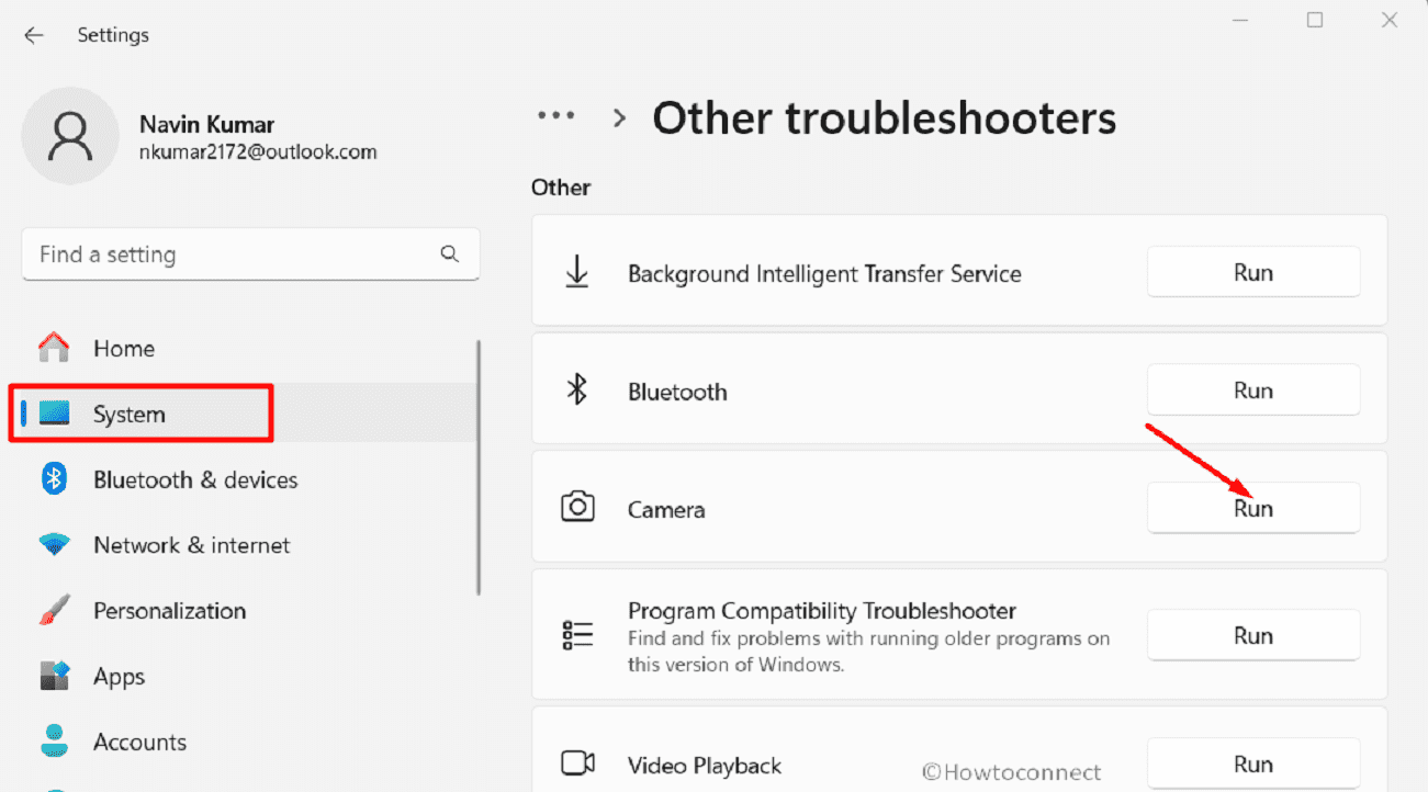 Settings system other troubleshooters camera Run