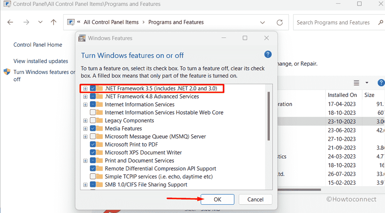 Turn windows features on and off .net framework 3.5 ok