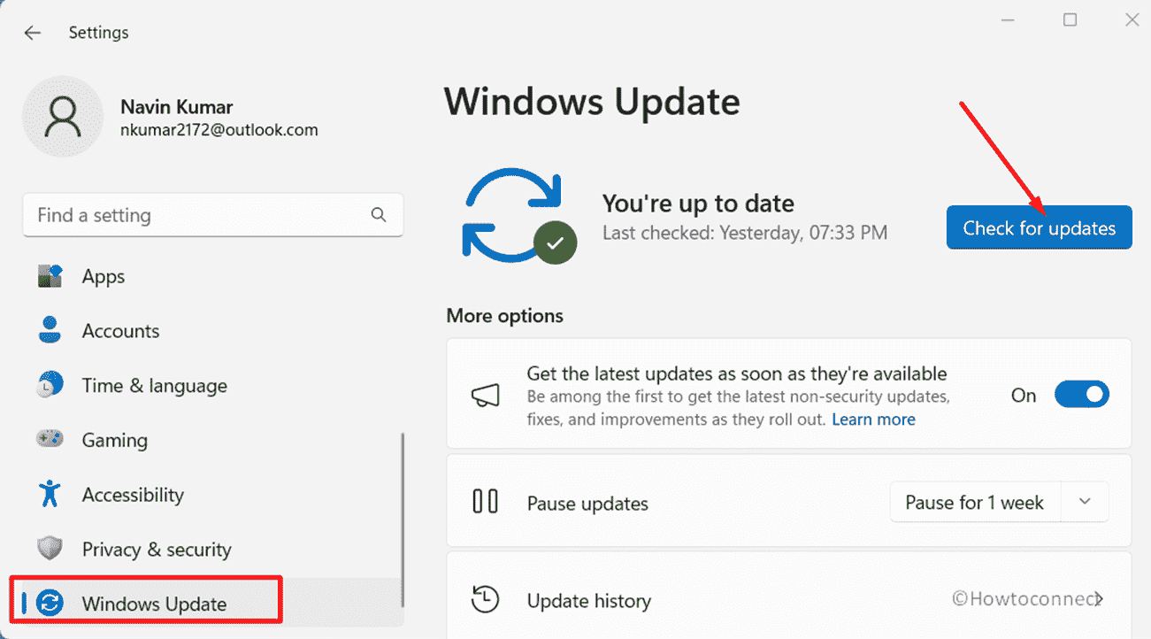 Windows update settings check for update button