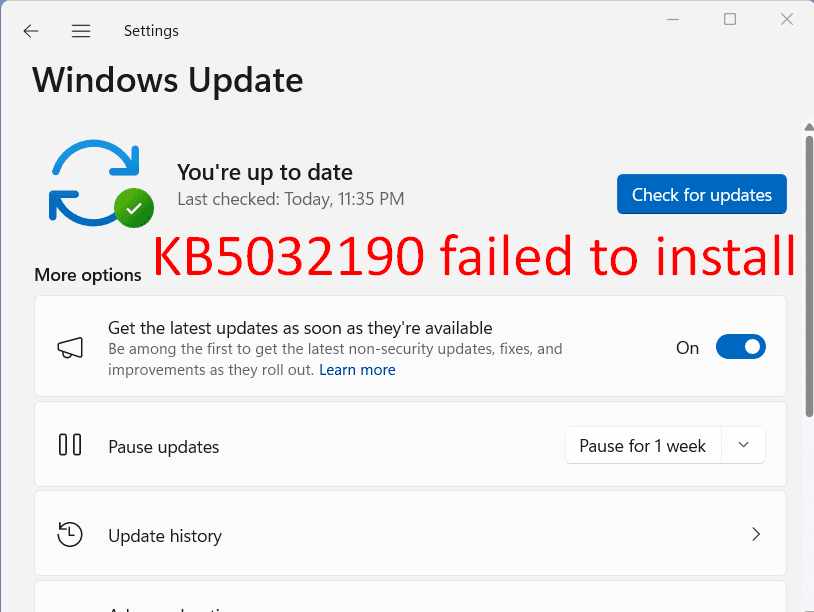 KB5032190 failed to install